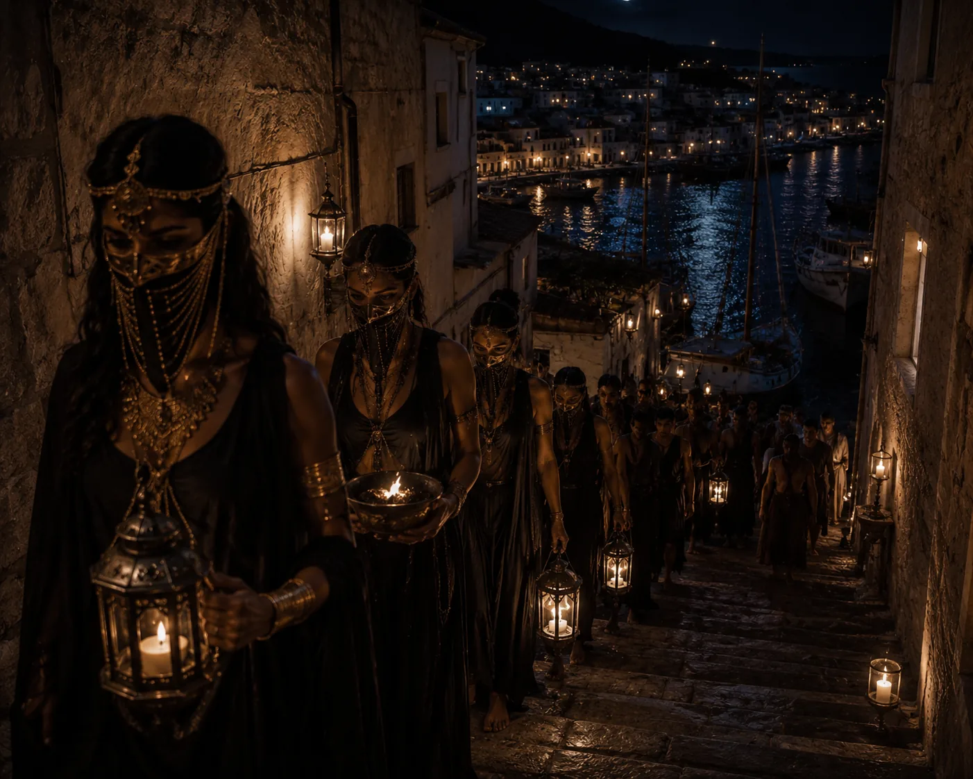 Harbour lantern procession at dusk