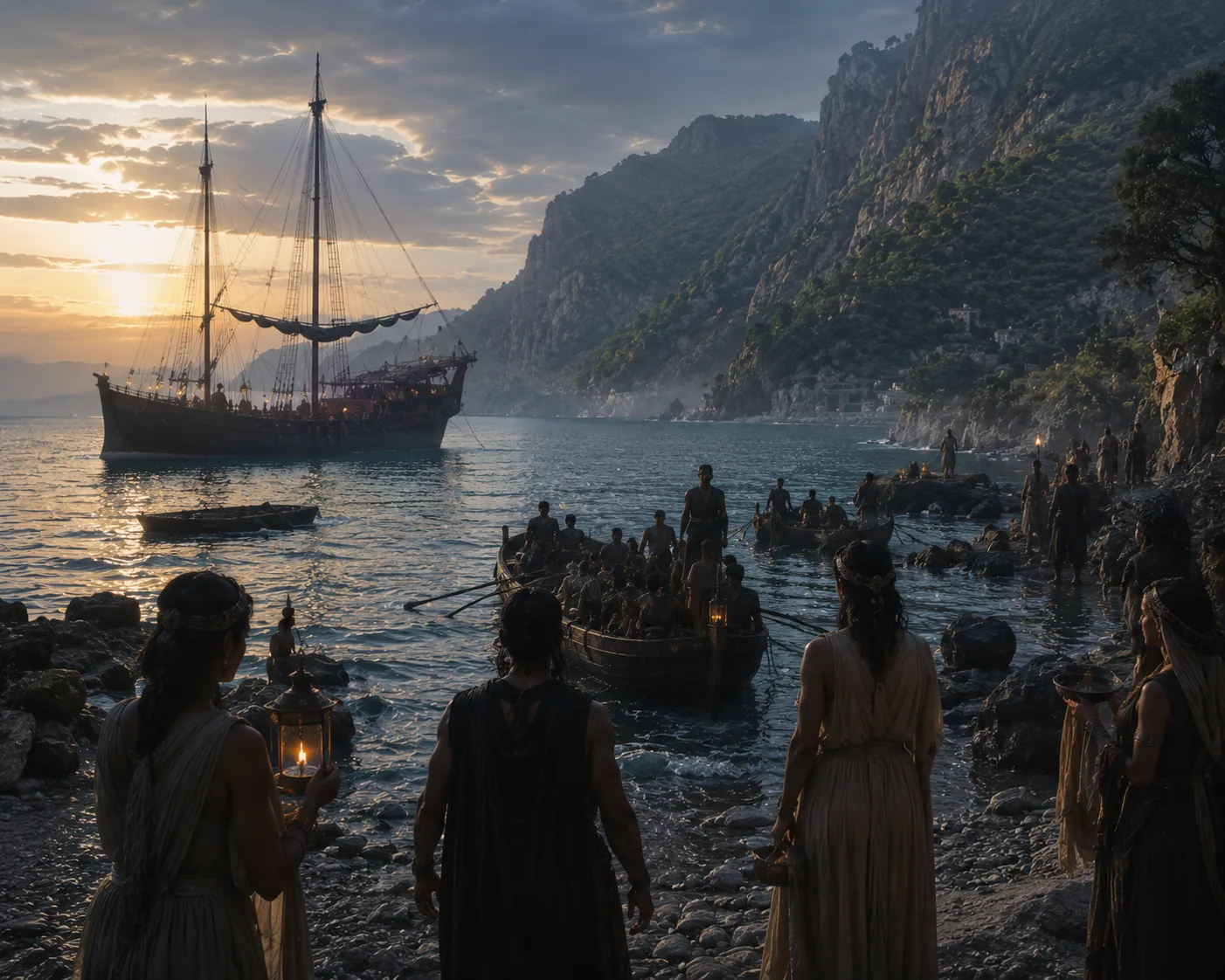 Dawn arrival of the ship into a cove