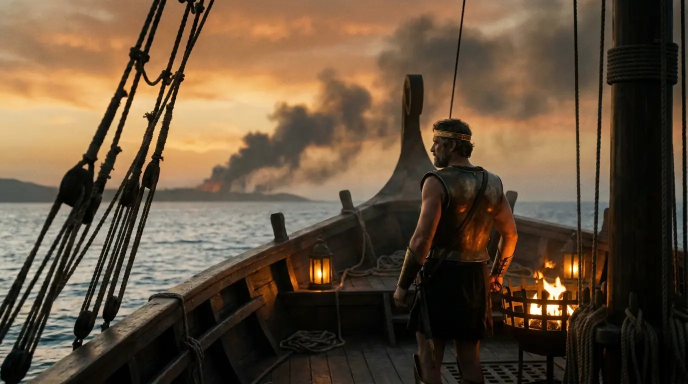 Victorious king on a galley deck at dusk