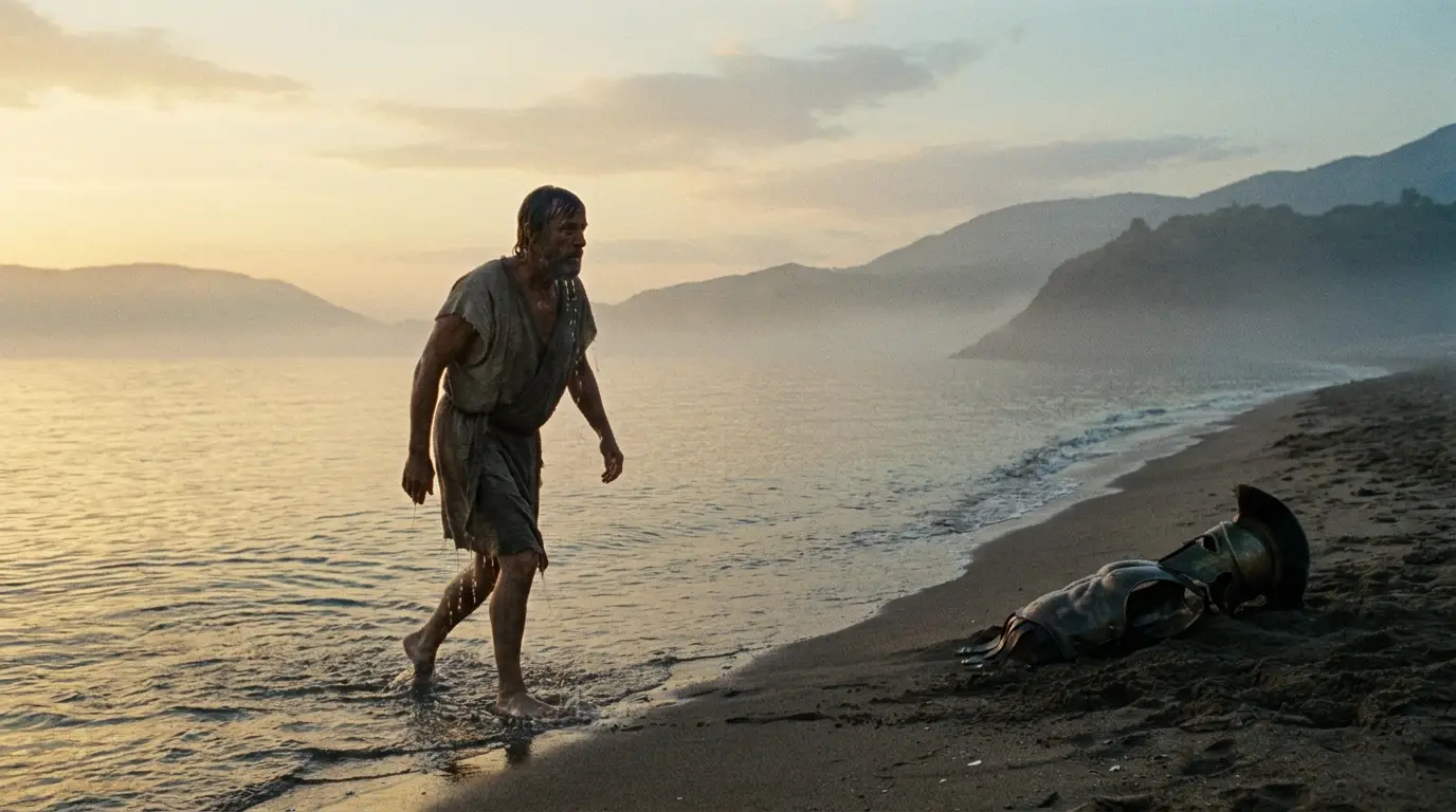 A weathered figure wading ashore at dawn, armour set down