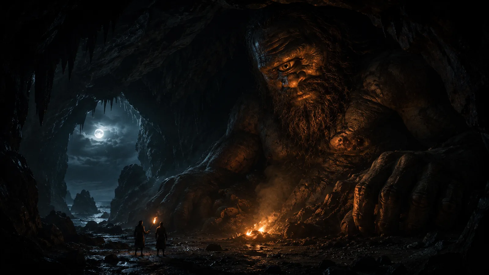 A one-eyed giant in a firelit sea-cave, tiny figures for scale