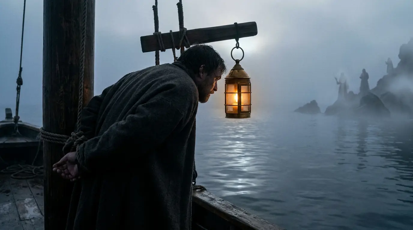 A man lashed to the mast, sirens in the mist