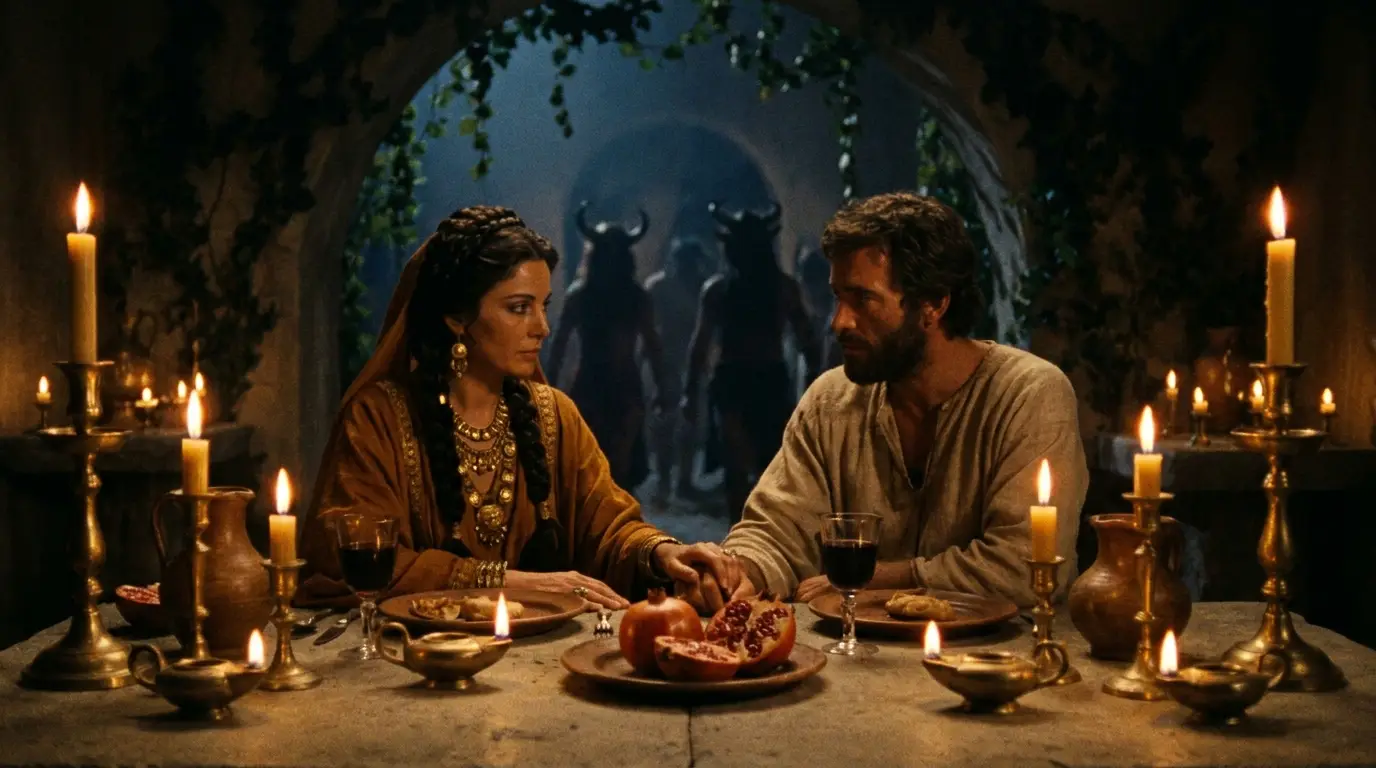 Circe at a candlelit table, animal-headed figures behind