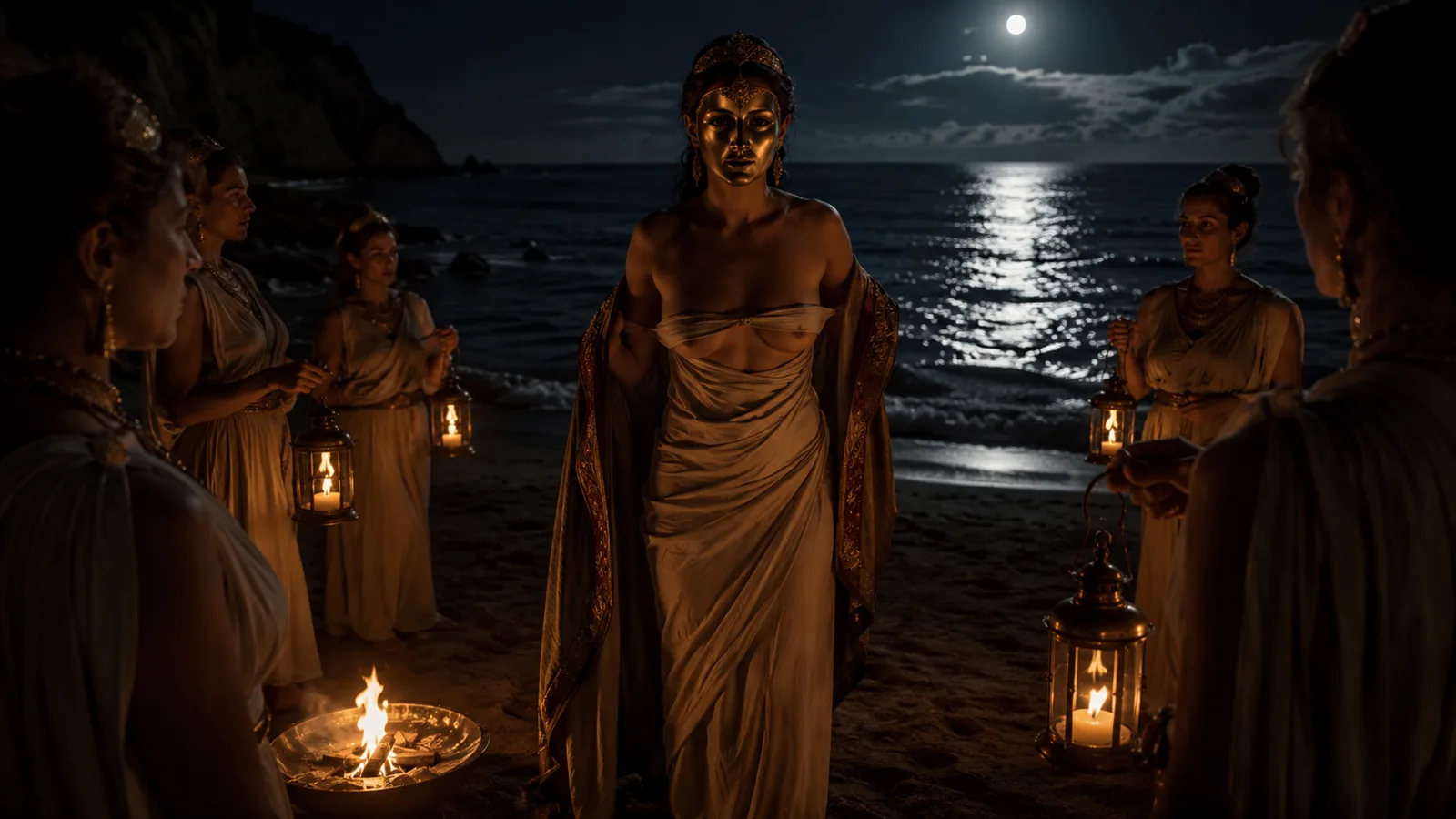 A gold-masked figure at a moonlit shore rite among lantern-bearing priestesses