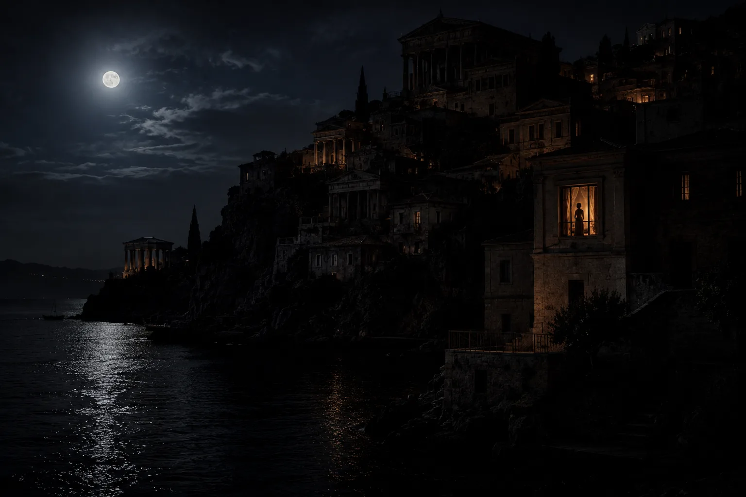A lit window in a dark hill-town across the water
