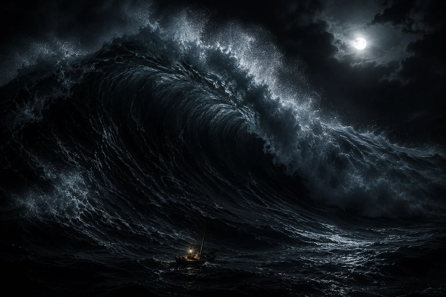 A towering moonlit wave over a tiny vessel