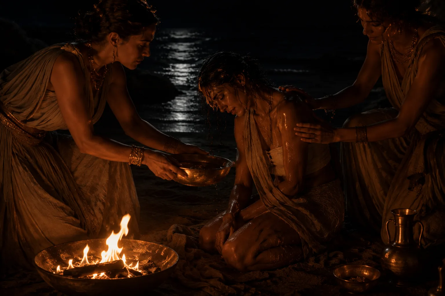 Hands offering a bowl of water by firelight