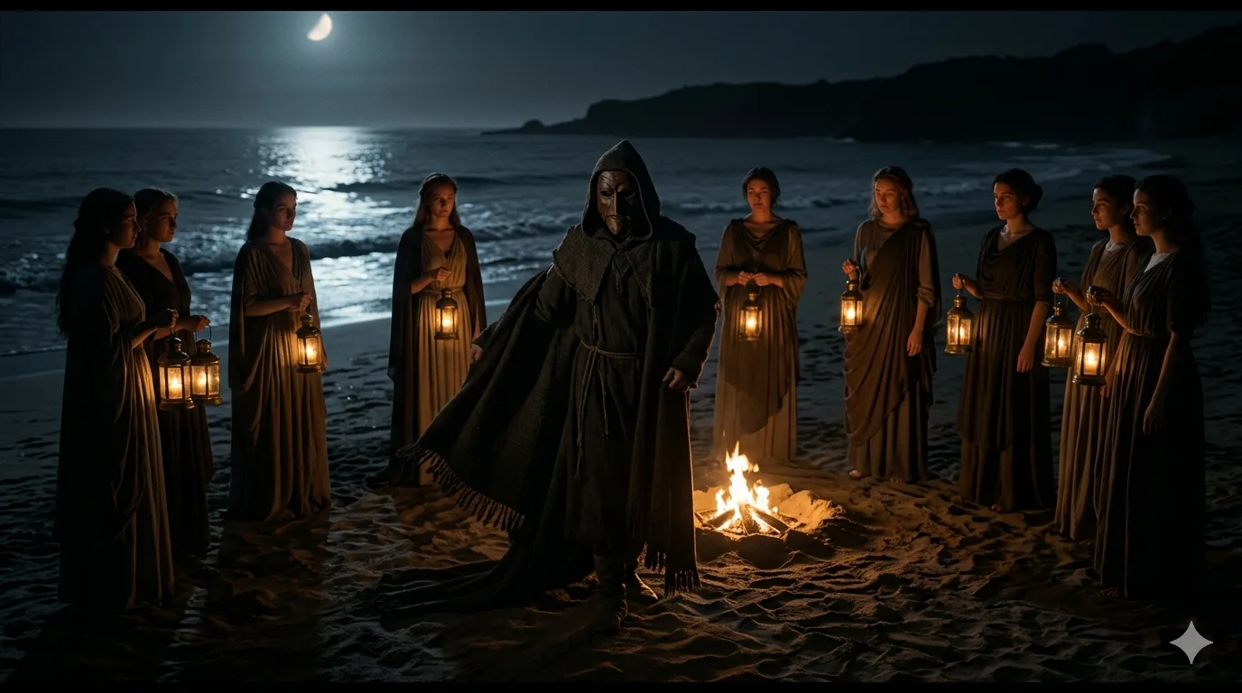 A cloaked guide among lantern-bearing priestesses on a moonlit beach